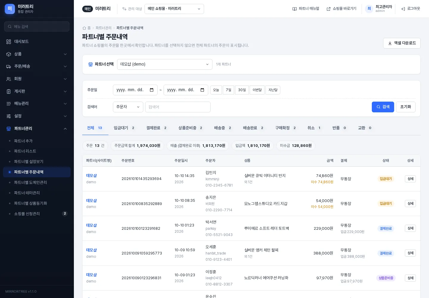 파트너별 주문내역