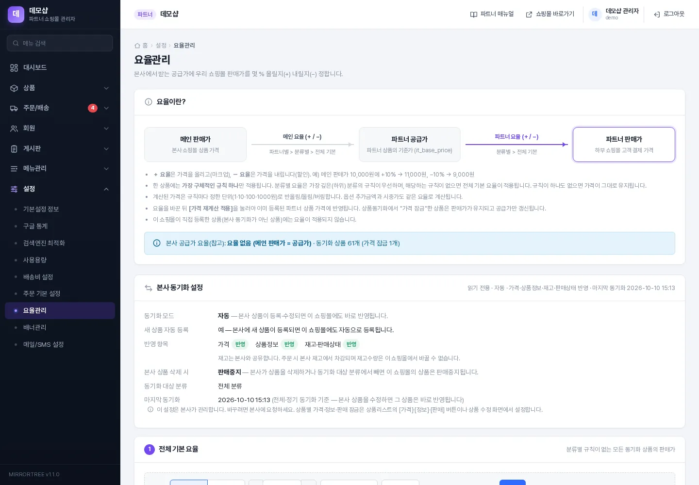 파트너 관리자의 요율관리 화면