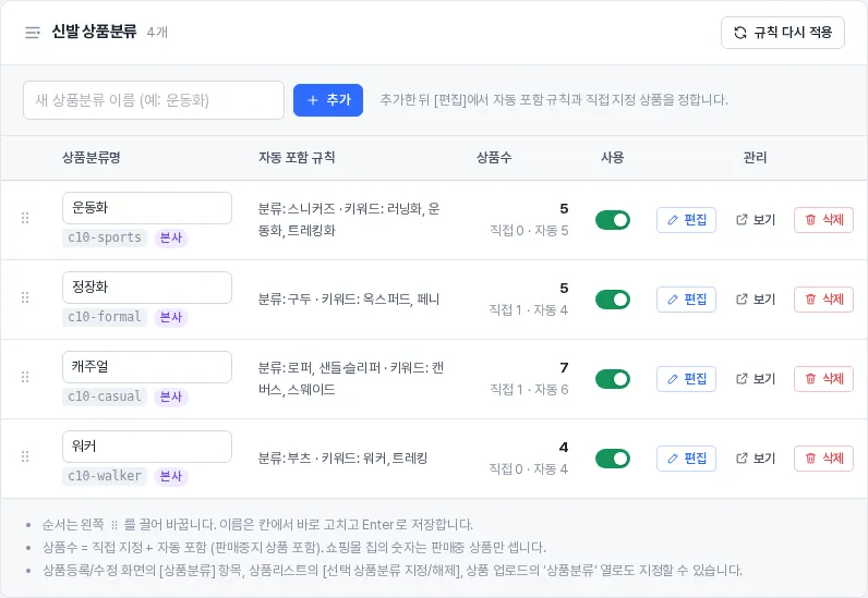 상품분류 목록 — 추가, 이름, 자동 포함 규칙, 상품수, 사용, 편집·보기·삭제